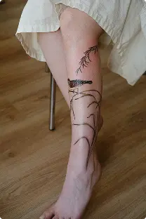 Minimalist bird and branch line tattoo on the forearm