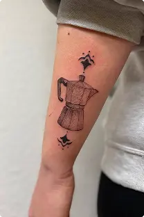 Fine-line moka pot tattoo on the forearm